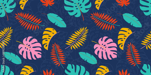 Botanical leaves seamless pattern with tropical vibes, monstera and palm for textile design and summer apparel