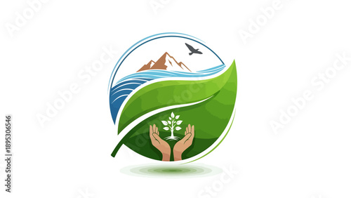 Eco friendly logo with hands holding a tree and leaf design