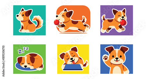 Modern vector sticker collection featuring a cute dog in multiple expressive styles and playful variations, designed for messaging apps, planners, scrapbooks, and creative digital projects
