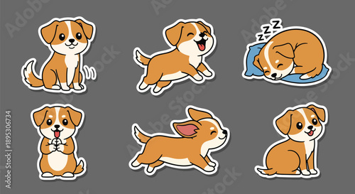 Modern vector sticker collection featuring a cute dog in multiple expressive styles and playful variations, designed for messaging apps, planners, scrapbooks, and creative digital projects