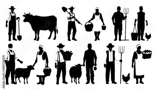 Diverse farmers silhouette agriculture vector collection