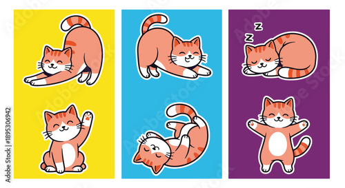 Modern vector sticker collection showing a cute cat in various expressive designs and charming styles, ideal for messaging apps, planners, journaling, and creative digital decoration