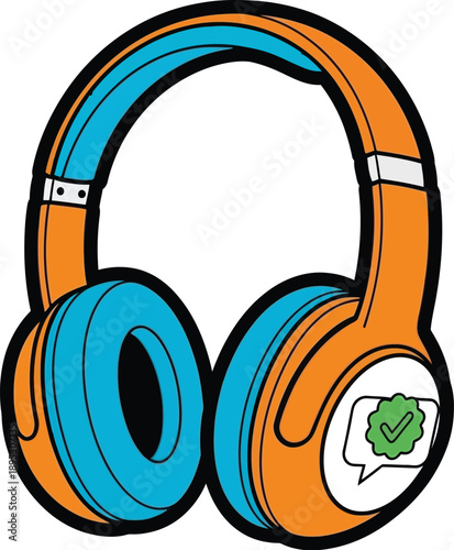 Vibrant headphones with checkmark icon in speech bubble, representing audio validation and approval in modern digital communication and technology