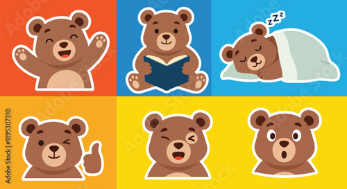 Modern vector sticker collection presenting a cute bear in various expressive designs and friendly styles, suitable for messaging apps, planners, scrapbooks, and digital decoration