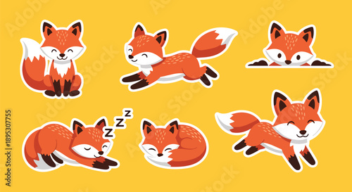 Modern vector sticker collection showing a cute fox in various expressive designs and playful styles, perfect for messaging apps, planners, scrapbooks, and creative decoration