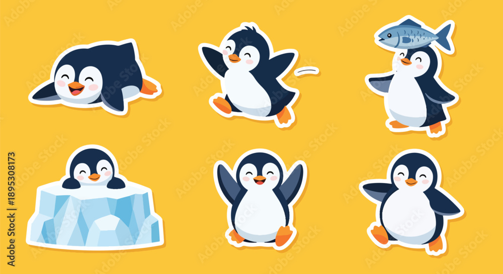 Obraz premium Modern vector sticker collection featuring a cute penguin in multiple expressive styles and charming variations, designed for digital messaging, planners, and creative projects