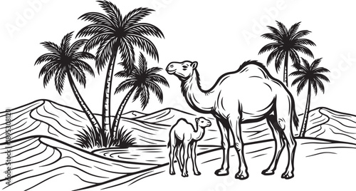 Adult camel with its baby in a vast desert landscape featuring tall palm trees and rolling sand dunes