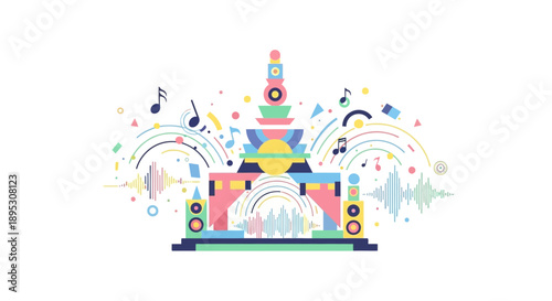 Abstract Music Festival Stage with Sound Waves and Notes