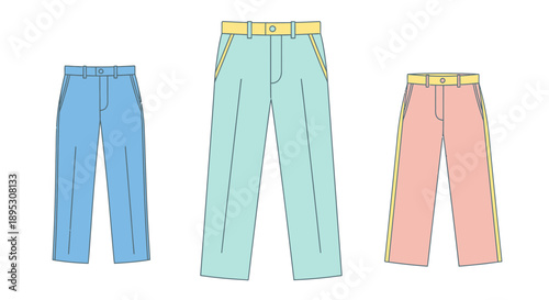 Pastel colored pants, fashion illustration, flat lay, isolated