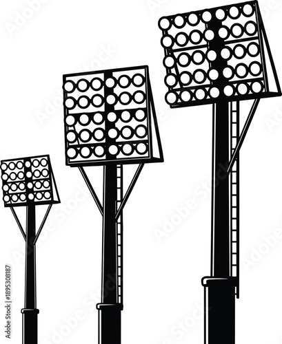 Stadium, floodlight, silhouette, lighting, outdoor, tall pole, circular lights, black and white, minimalistic, sports, event, infrastructure, illumination, maintenance, ladder,