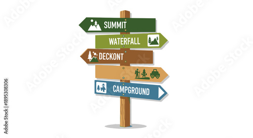 Directional Signpost to Summit, Waterfall, Campground, Deckont