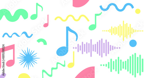 Colorful Music Notes and Sound Waves Pattern, Abstract Background
