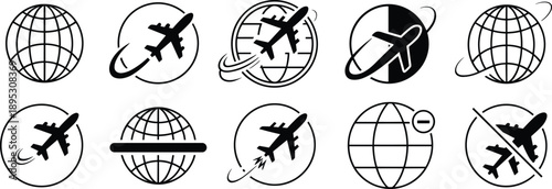 Airplane and globe travel icon set international flight aviation transport black vector illustration