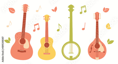Acoustic Guitars, Banjo, Mandolin, Musical Notes, Leaves, Flat Design
