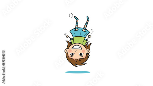 Playful cartoon girl in a green shirt and blue skirt performing a fun handstand or backflip with a happy expression.
