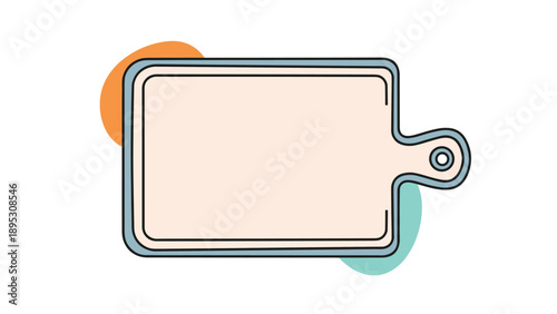 Rectangular wooden cutting board illustration with a side handle and colorful abstract background shapes in orange and blue.