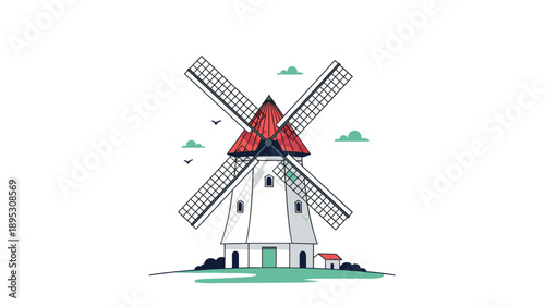 Traditional white windmill building with a red roof and large wooden sails standing in a simple grassy field.