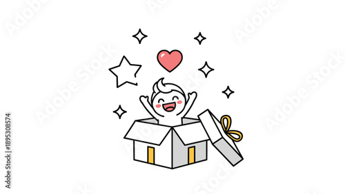 Joyful cartoon character jumping out of a gift box surrounded by floating stars and a red heart symbol of love.