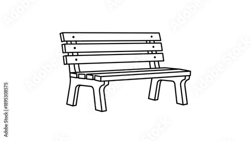 Simple black and white line drawing of a classic park bench with wooden slats and curved metal legs on white ground.