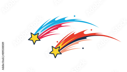 Pair of yellow shooting stars with colorful artistic trails in shades of blue and red against a white background.