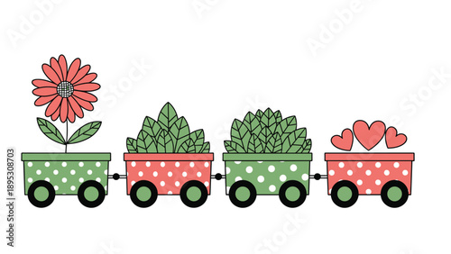 Whimsical toy train wagons carrying a large flower, green leaves, and red hearts on a polka dot patterned base.