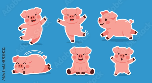 Modern vector sticker collection showing a cute pig in various expressive designs and playful styles, suitable for messaging apps, planners, journaling, and digital decoration