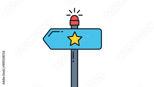 Blue directional signpost with a yellow star and a red rotating siren light on top against a white background.