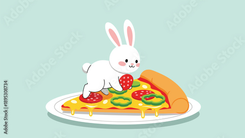 Adorable white cartoon bunny sitting on a large slice of pizza with cheese, pepperoni, and green peppers toppings.