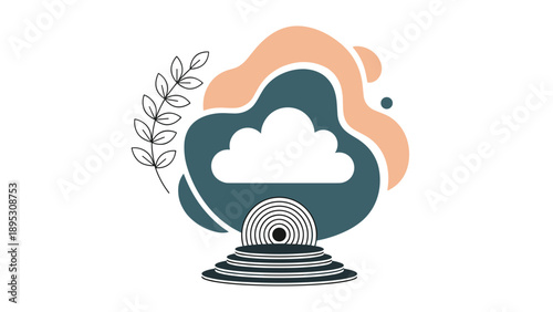 Abstract organic composition featuring a white cloud over layered fluid shapes in teal and coral with a leafy branch.