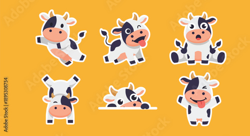 Modern vector sticker collection presenting a cute cow in various expressive designs and friendly styles, perfect for messaging apps, planners, and digital decoration