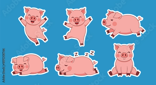 Modern vector sticker collection showing a cute pig in various expressive designs and playful styles, suitable for messaging apps, planners, journaling, and digital decoration