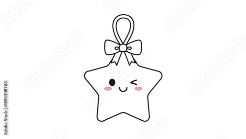 Cute winking star character wearing a pink bow as a Christmas ornament ornament in simple black and white line art style.