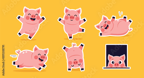 Modern vector sticker collection showing a cute pig in various expressive designs and playful styles, suitable for messaging apps, planners, journaling, and digital decoration