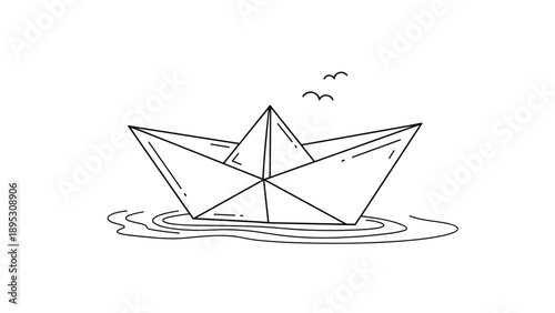 Minimalist black and white line drawing of a small paper boat floating on gentle water waves with two birds in the sky.