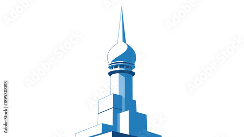 Stylized modern tower structure featuring a blue dome and a long sharp metal spike reaching towards the top of the frame.