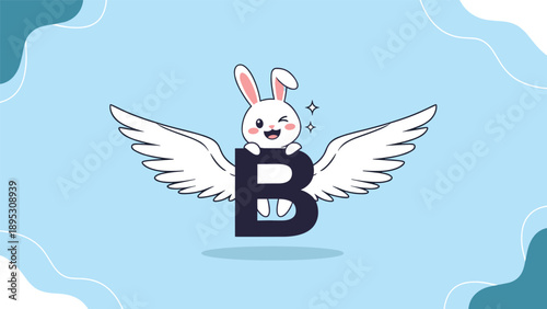 Cute white winking bunny angel with feathered wings peeking from behind a large dark blue letter B on a pastel background.