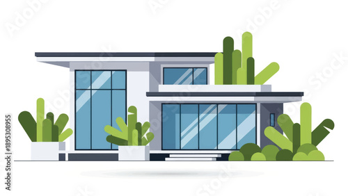 Modern contemporary house exterior with glass walls and greenery around a stylish residence.