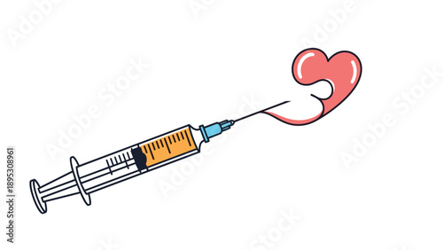 Medical syringe containing orange liquid injecting into or drawing from a pink heart shape as a symbol for health and love.