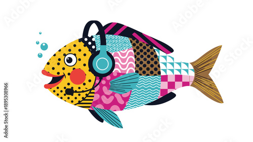 Funky colorful fish character with a patchwork pattern on its body wearing a modern headset with headphones and a mic.