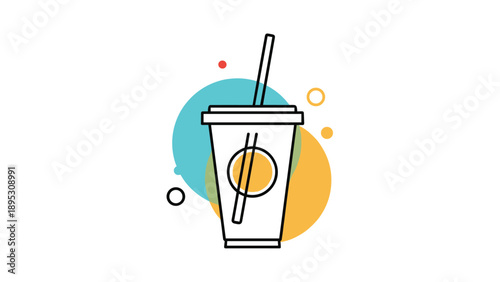 White coffee cup with a straw against colorful abstract circles, modern graphic design for beverage or cafe concept.