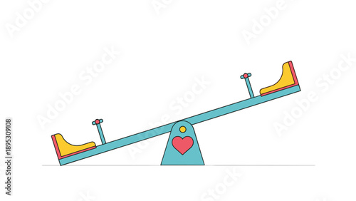 Teal and yellow seesaw with a red heart on the base against a white background, playground equipment for children and fun.