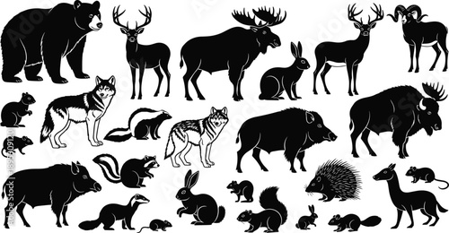 Wild forest animal silhouette set featuring bear, deer, moose, wolf, boar, rabbit, squirrel, raccoon, and rodents, black wildlife illustrations for nature design, education, posters, logos