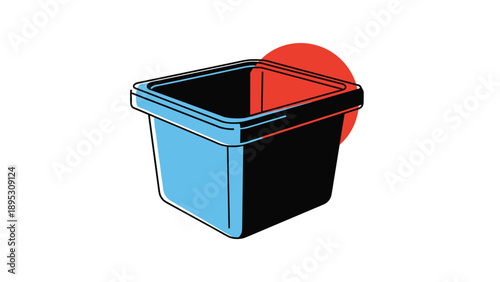 Isometric view of a blue and black square plastic container with a red circle behind it, modern storage or bin concept.