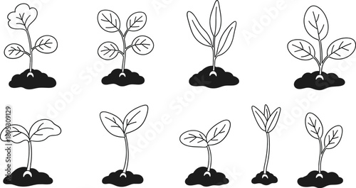 Minimal seedling sprout icon vector set with young plants growing from soil for gardening and ecology design