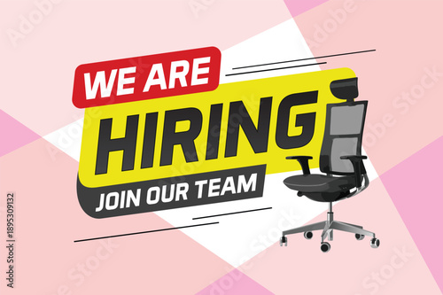Hiring recruHiring recruitment design for banner poster. We are hiring join our now lettering with chair icon logo sign Vector illustration typographic. Open vacancy template

