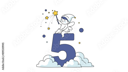 Little fairy boy with wings and a star wand sitting on a large blue number five with clouds, birthday concept for age five.