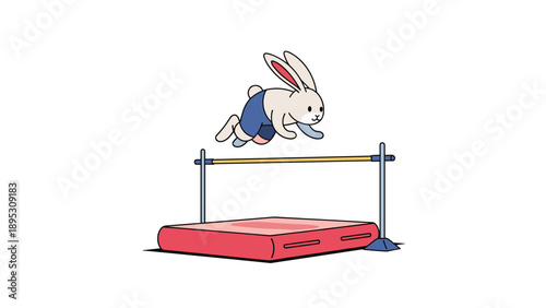Cute bunny character performing a high jump over a bar with a red mat below, athletic animal illustration for sports themes.