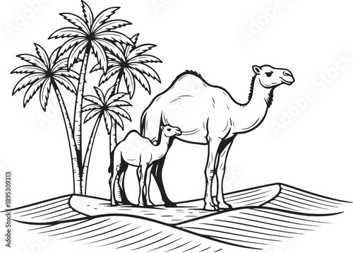 A serene desert oasis scene featuring a camel mother and her calf beside towering palm trees