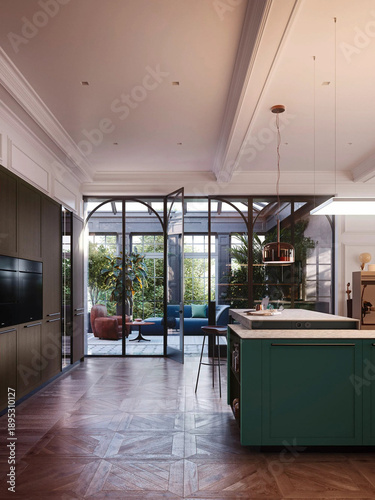 Modern luxury kitchen interior in minimal scandinavian style, 3d render