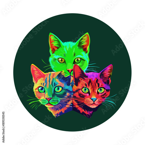 Cats. Wall sticker. Abstract, multicolored, neon portrait of three curious cats in the style of pop art on a dark green background. Digital vector graphics. The background is a separate ... See More
